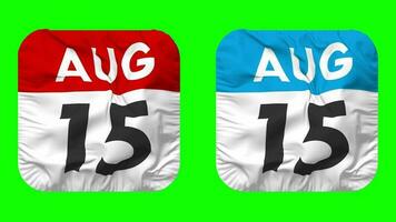 quinzième, 15e août Date calendrier sans couture boucle écuyer tissu icône, en boucle plaine en tissu texture agitant lent mouvement, 3d le rendu, vert filtrer, alpha mat video