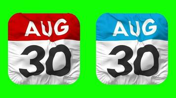 Thirtieth, 30th August Date Calendar Seamless Looping Squire Cloth Icon, Looped Plain Fabric Texture Waving Slow Motion, 3D Rendering, Green Screen, Alpha Matte video