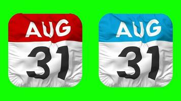 Thirty First, 31st August Date Calendar Seamless Looping Squire Cloth Icon, Looped Plain Fabric Texture Waving Slow Motion, 3D Rendering, Green Screen, Alpha Matte video