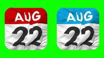 Twenty Second, 22nd August Date Calendar Seamless Looping Squire Cloth Icon, Looped Plain Fabric Texture Waving Slow Motion, 3D Rendering, Green Screen, Alpha Matte video