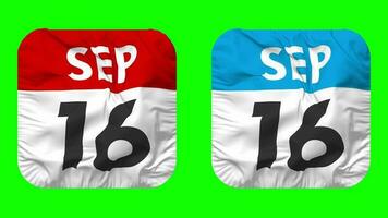 Sixteenth, 16th September Date Calendar Seamless Looping Squire Cloth Icon, Looped Plain Fabric Texture Waving Slow Motion, 3D Rendering, Green Screen, Alpha Matte video