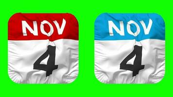 Fourth, 4th November Date Calendar Seamless Looping Squire Cloth Icon, Looped Plain Fabric Texture Waving Slow Motion, 3D Rendering, Green Screen, Alpha Matte video