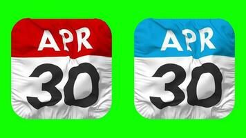 Thirtieth, 30th April Date Calendar Seamless Looping Squire Cloth Icon, Looped Plain Fabric Texture Waving Slow Motion, 3D Rendering, Green Screen, Alpha Matte video