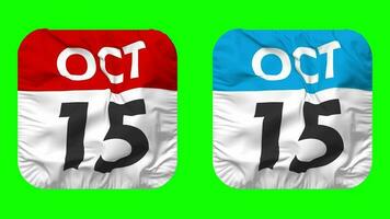 vijftiende, 15e oktober datum kalender naadloos looping schildknaap kleding icoon, lusvormige duidelijk kleding stof structuur golvend langzaam beweging, 3d weergave, groen scherm, alpha matte video