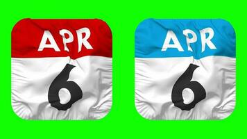 Sixth, 6th April Date Calendar Seamless Looping Squire Cloth Icon, Looped Plain Fabric Texture Waving Slow Motion, 3D Rendering, Green Screen, Alpha Matte video