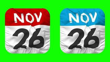 Twenty Sixth, 26th November Date Calendar Seamless Looping Squire Cloth Icon, Looped Plain Fabric Texture Waving Slow Motion, 3D Rendering, Green Screen, Alpha Matte video