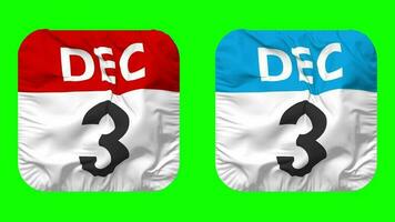 Third, 3rd December Date Calendar Seamless Looping Squire Cloth Icon, Looped Plain Fabric Texture Waving Slow Motion, 3D Rendering, Green Screen, Alpha Matte video