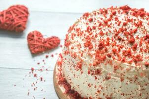 Red velvet cake on the wooden board photo