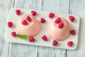 Dessert puddings with raspberries photo