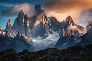 The majestic mountains in the watercolor painting looked almost regal towering above the landscape. photo