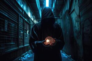 AI Generated Dark alleyway with a lone figure wearing a hooded cloak, holding a glowing orb. photo