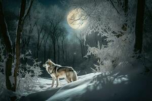 ai generado majestuoso lobo en un invierno paisaje, rodeado por nieve y glacial arboles foto