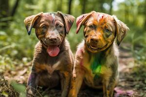 The playful puppies in the watercolor painting. photo