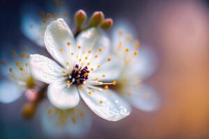 Spring seasonal cherry blossom flower on bokeh background. Macro Zoom. photo