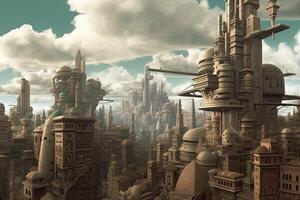 AI Generated The buildings in this imaginary metropolis seem to stretch endlessly towards the sky. photo