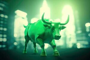 AI Generated 3D illustration of a big green bull on blur city background. Business and trading up trend concept. photo