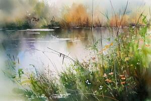 AI Generated Peaceful pond surrounded by tall grasses and blooming flowers. Watercolor Painting. photo