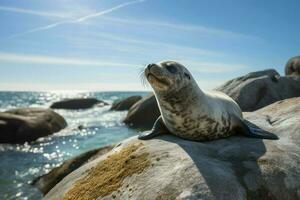 AI Generated Adorable baby seal lounging on a rock, with a sparkling blue ocean and a bright photo