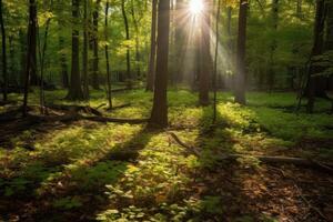 AI Generated Sun peeks through the leaves, casting rays of light onto the forest floor. photo