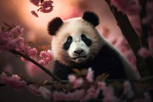 Cute baby panda sitting on a tree branch, surrounded by pink cherry blossoms and green leaves, with a soft, diffused light casting a warm glow on its fur. photo