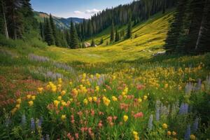 AI Generated Vibrant colors of the wildflowers dotting the landscape bring life to the wilderness. photo