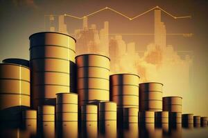 AI Generated Many oil tanks with oil price background. Industry business concept. photo