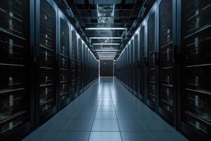 Dramatic image of a data center with servers and storage. photo