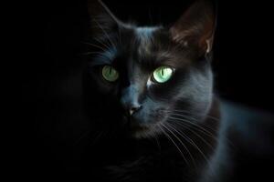 ai generado minimalista retrato de un pulcro negro gato, con perforación verde ojos y sutil oscuridad. foto