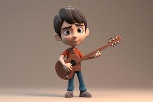 AI Generated 3D cartoon cute musician kid play guitar. photo