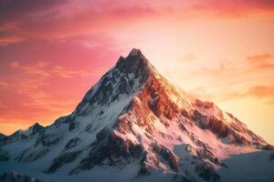 ai generado cubierto de nieve montaña cima, extensión hacia arriba hacia el cielo y bañado en el calentar resplandor de un amanecer. foto