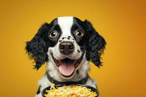 Smiling cute dog happy with food. photo