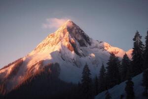 ai generado cubierto de nieve montaña cima, extensión hacia arriba hacia el cielo y bañado en el calentar resplandor de un amanecer. foto