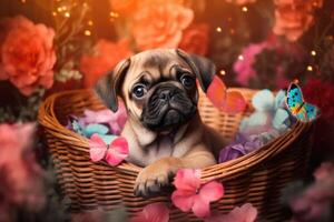 AI Generated Cute puppy sitting in a basket, surrounded by colorful flowers and butterflies. photo