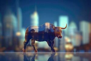 AI Generated 3D illustration of a big bull on blur city background. Business and trading up trend concept. photo