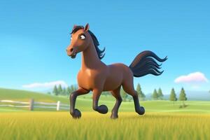 3D cute cartoon majestic horse is galloping across a wide-open field, free and wild. photo