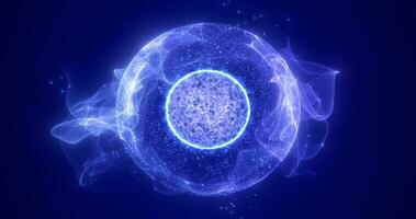 Abstract blue round sphere energy molecule from futuristic high-tech glowing particles photo