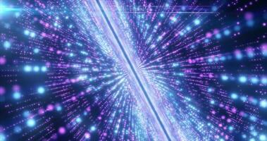 Abstract purple energy hi-tech lines and digital particles fly in a tunnel with bokeh effect glowing background photo