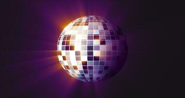 Abstract purple mirrored spinning round disco ball for discos and dances in nightclubs 80s, 90s luminous background photo