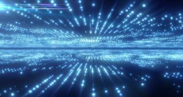 Abstract blue energy hi-tech lines and digital particles fly in a tunnel with bokeh effect glowing background photo