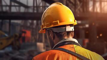 A working man in a protective construction helmet. An engineer at a construction site controls the process of industrial construction. photo