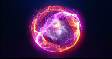 Abstract energy sphere with glowing bright particles, atom from energy scientific futuristic hi-tech background photo