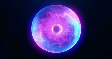 Blue purple energy sphere with glowing bright particles, atom with electrons and elektric magic field scientific futuristic hi-tech abstract background photo