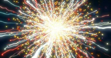 Abstract glowing energy explosion fiery whirlwind fireworks from lines and magic particles abstract background photo