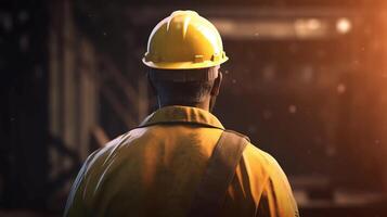 un trabajando hombre en un protector construcción casco. un ingeniero a un construcción sitio control S el proceso de industrial construcción. ai generado foto