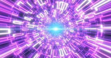Abstract purple glowing neon laser tunnel futuristic hi-tech with energy lines and flying particle fragments, abstract background photo