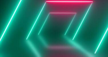 Abstract square tunnel neon green and red energy glowing from lines background photo