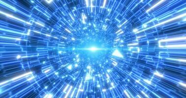 Abstract blue glowing neon laser tunnel futuristic hi-tech with energy lines and flying shards of particles, abstract background photo