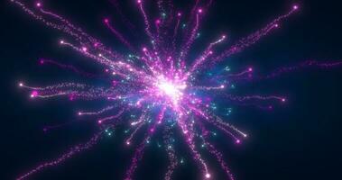 Abstract glowing energy explosion whirlwind firework from purple lines and magic particles abstract background photo