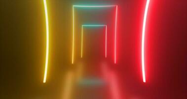 Abstract rectangle tunnel neon yellow red energy glowing from lines background photo