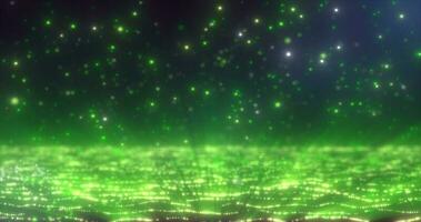 Abstract background of green glowing falling particles and moving magical energy waves photo